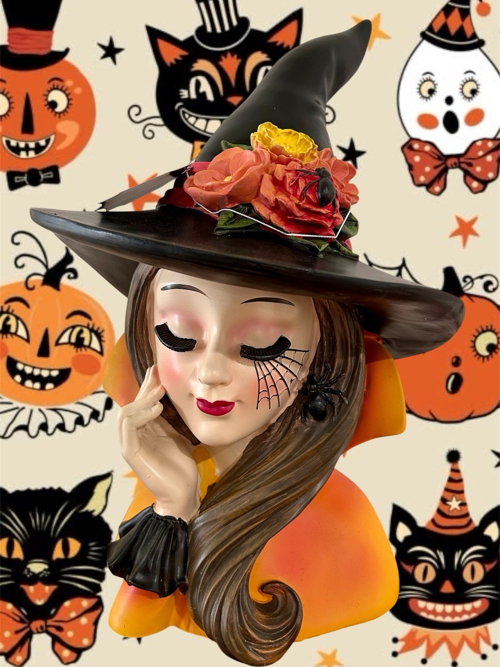 Bella Lux Witch Bust With Spiderweb Eye Motif & Floral Hat NWT